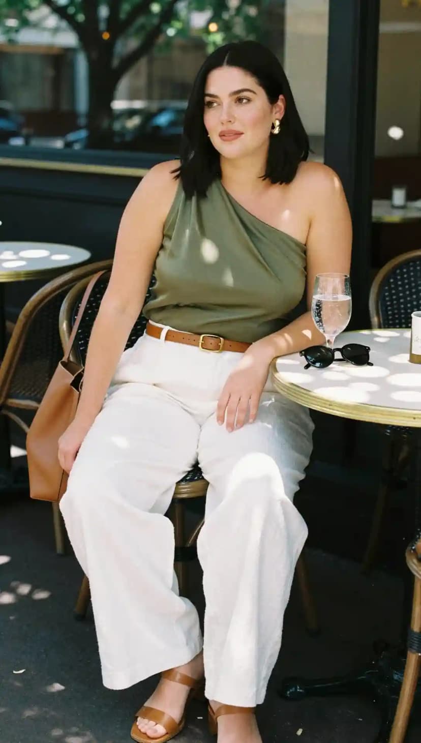 Olive Green One-Shoulder Top + Cream Wide-Leg Pants + Brown Leather Belt + Brown Slide Sandals + Brown Tote Bag