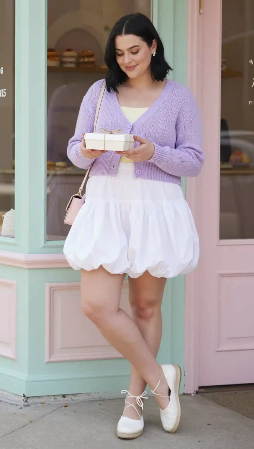Lilac Cardigan + Yellow Cami + White Bubble Skirt + White Espadrilles + Pink Shoulder Bag