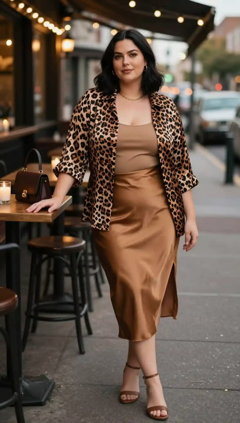 Pale Yellow Wrap Midi Dress + Leopard Print Jacket + Gold Necklace + Gold Earrings