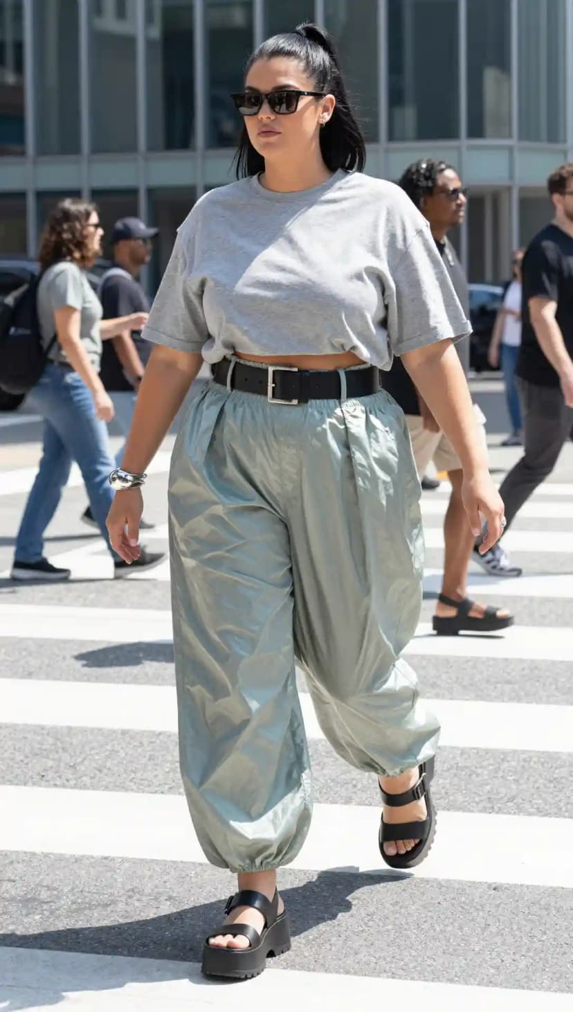 Grey T-Shirt + Mint Green Cargo Skirt + Black Belt + Black Platform Sandals + Grey Fanny Pack + Sunglasses