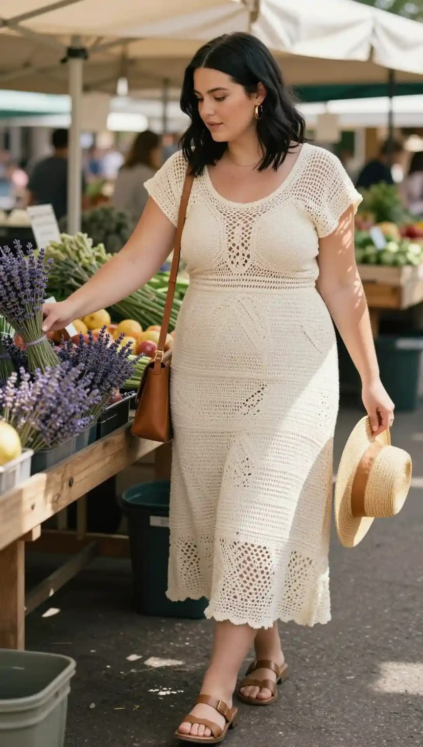 Cream Crochet Midi Dress + Brown Leather Sandals + Straw Hat + Gold Hoop Earrings