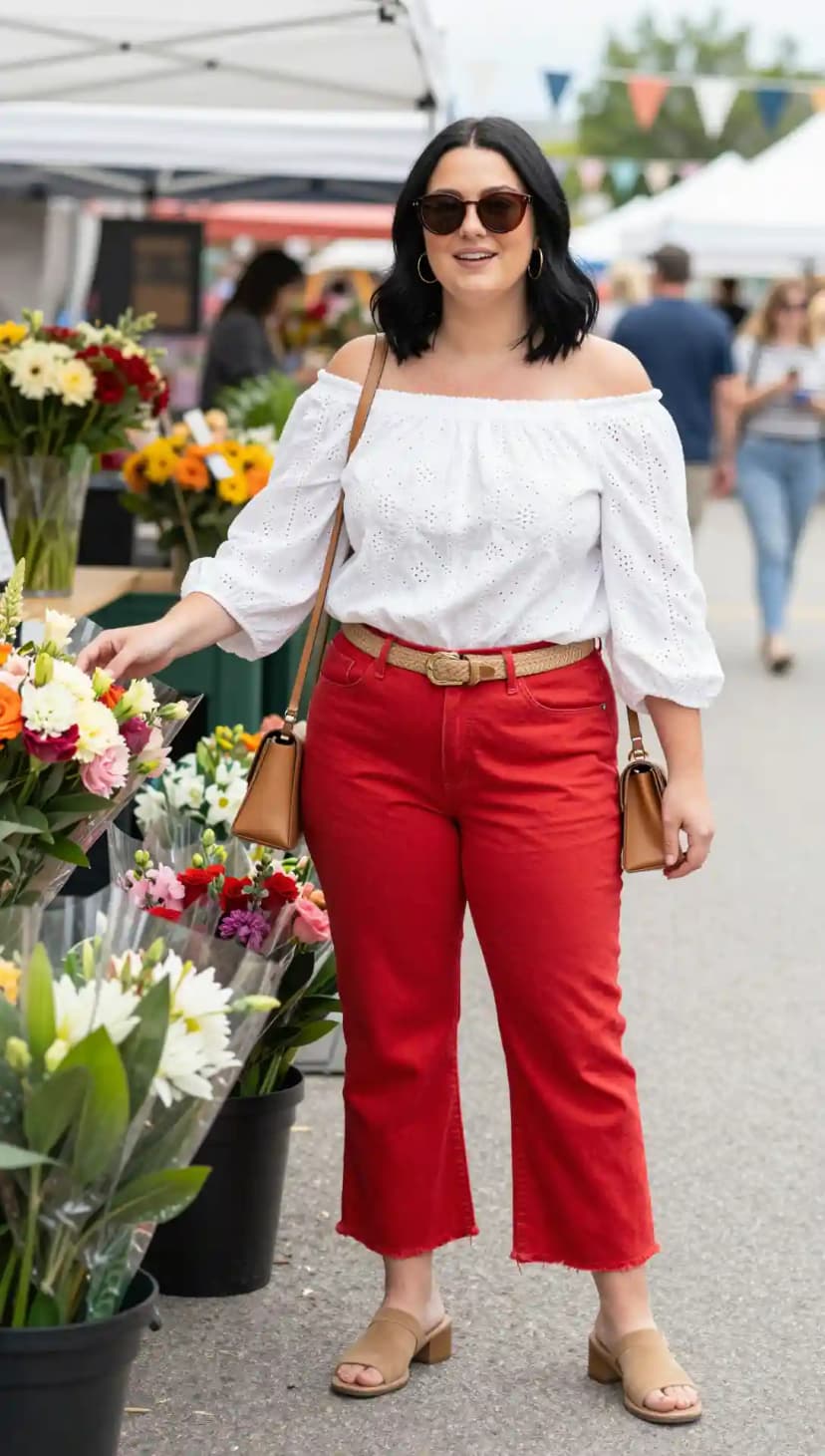 White Eyelet Off-the-Shoulder Top + Red Cropped Jeans + Woven Belt + Tan Slide Sandals + Tan Shoulder Bag + Sunglasses