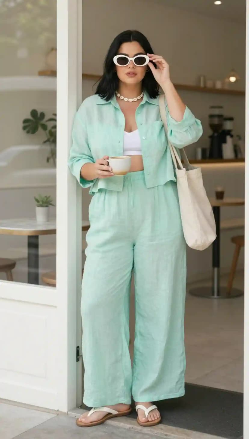 White Crop Top + Mint Green Linen Shirt + Mint Green Linen Pants + White Sunglasses + Pearl Necklace + Flip Flops