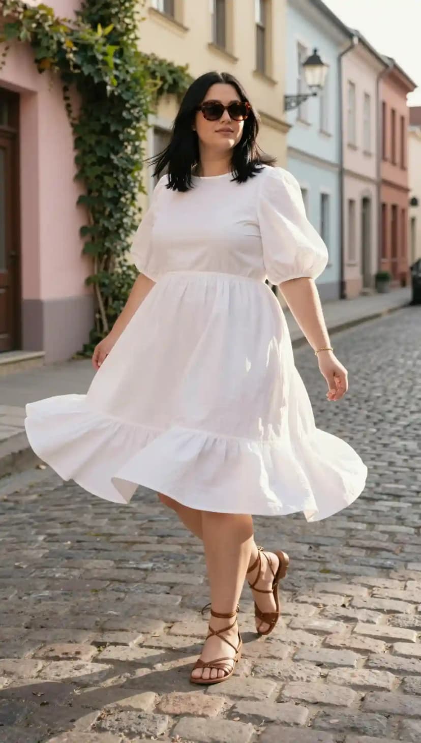 White Puff Sleeve Midi Dress + Brown Strappy Sandals + Gold Bracelet