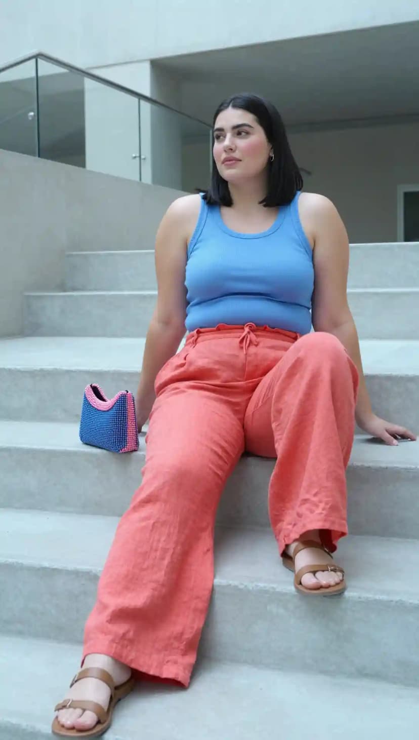 Blue Ribbed Tank Top + Coral Linen Pants + Brown Leather Sandals + Blue Beaded Clutch