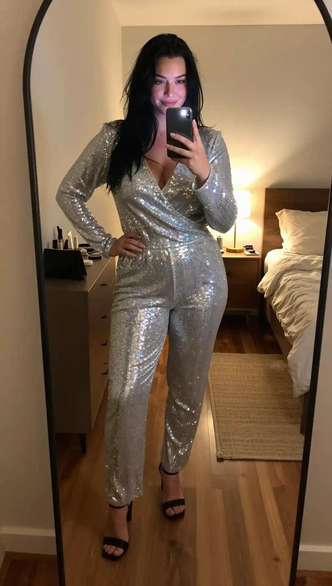Silver Sequin Wrap Jumpsuit + Black Strappy Heels