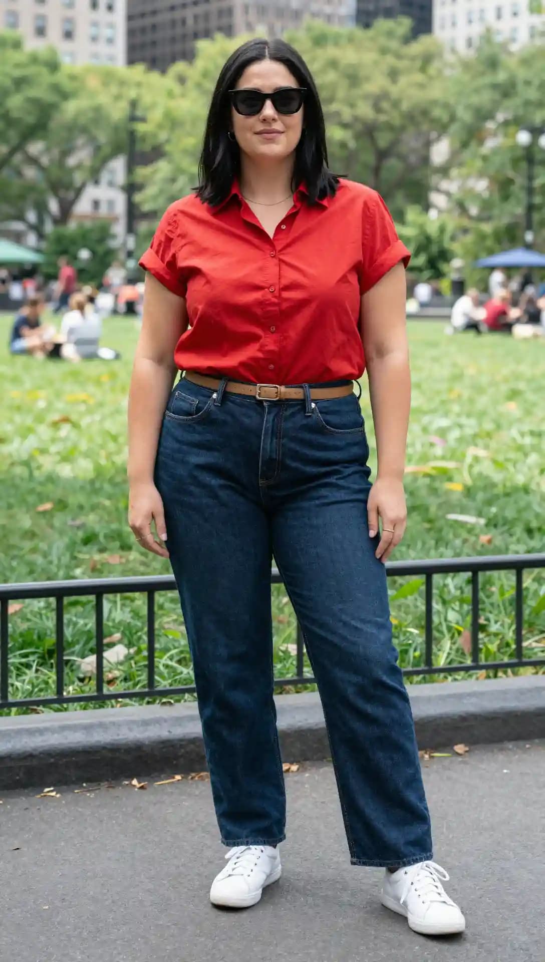 Red Button-Up Shirt + Dark Wash Jeans + Brown Belt + White Sneakers