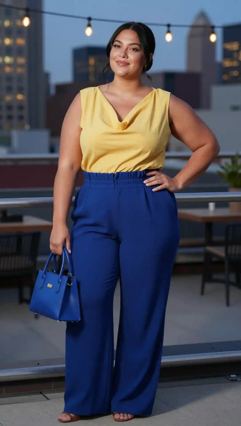 Yellow Cowl Neck Top + Royal Blue Wide Leg Pants
