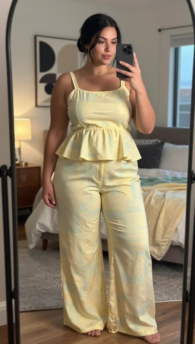 Pale Yellow Plaid Peplum Top + Pale Yellow Plaid Wide Leg Pants