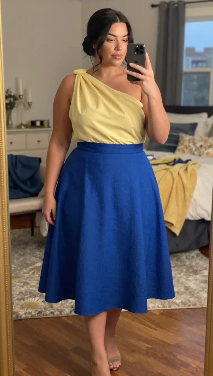 Yellow One Shoulder Top + Royal Blue Textured Skirt