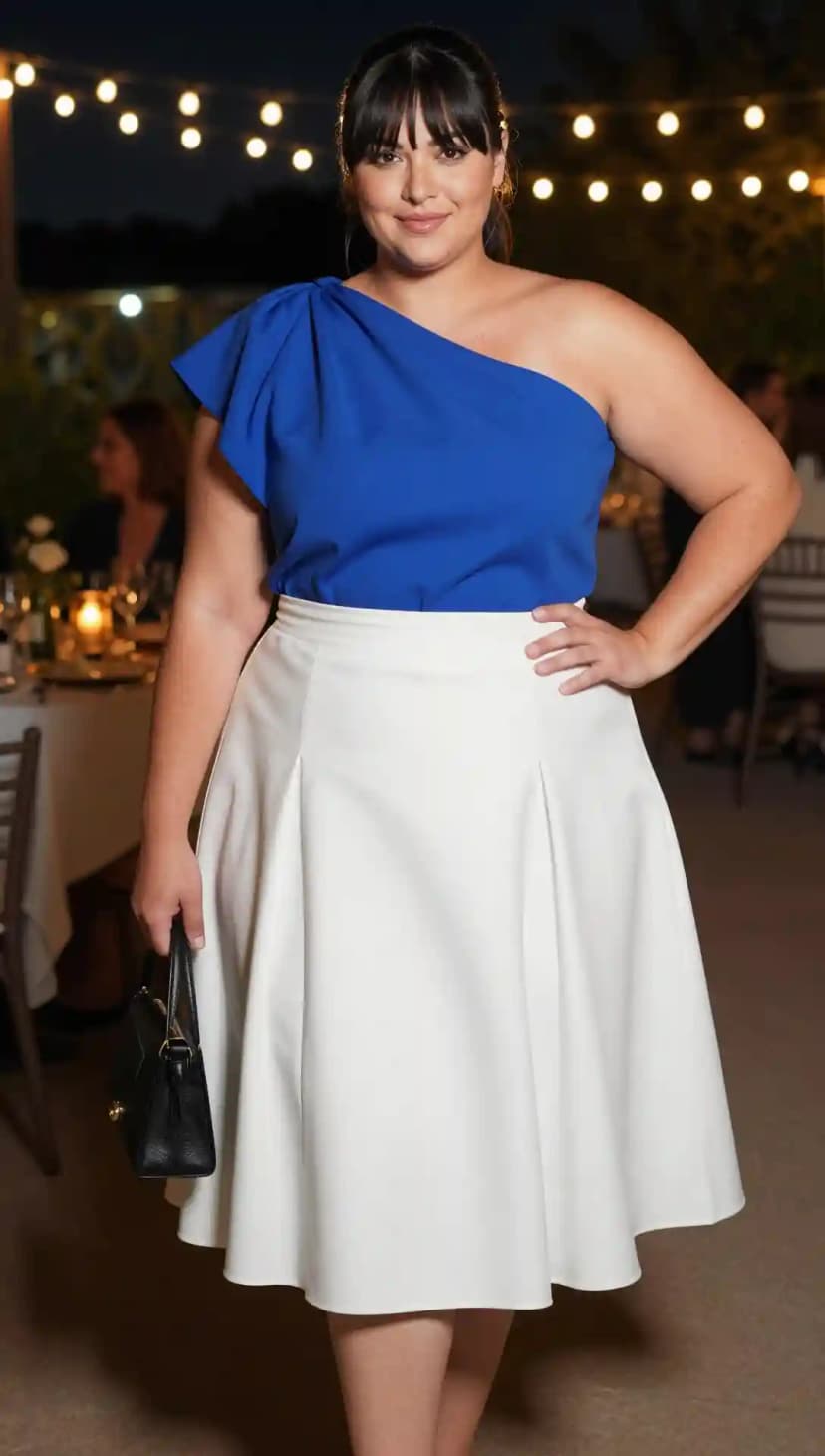 Royal Blue One Shoulder Top + White Pleated Midi Skirt