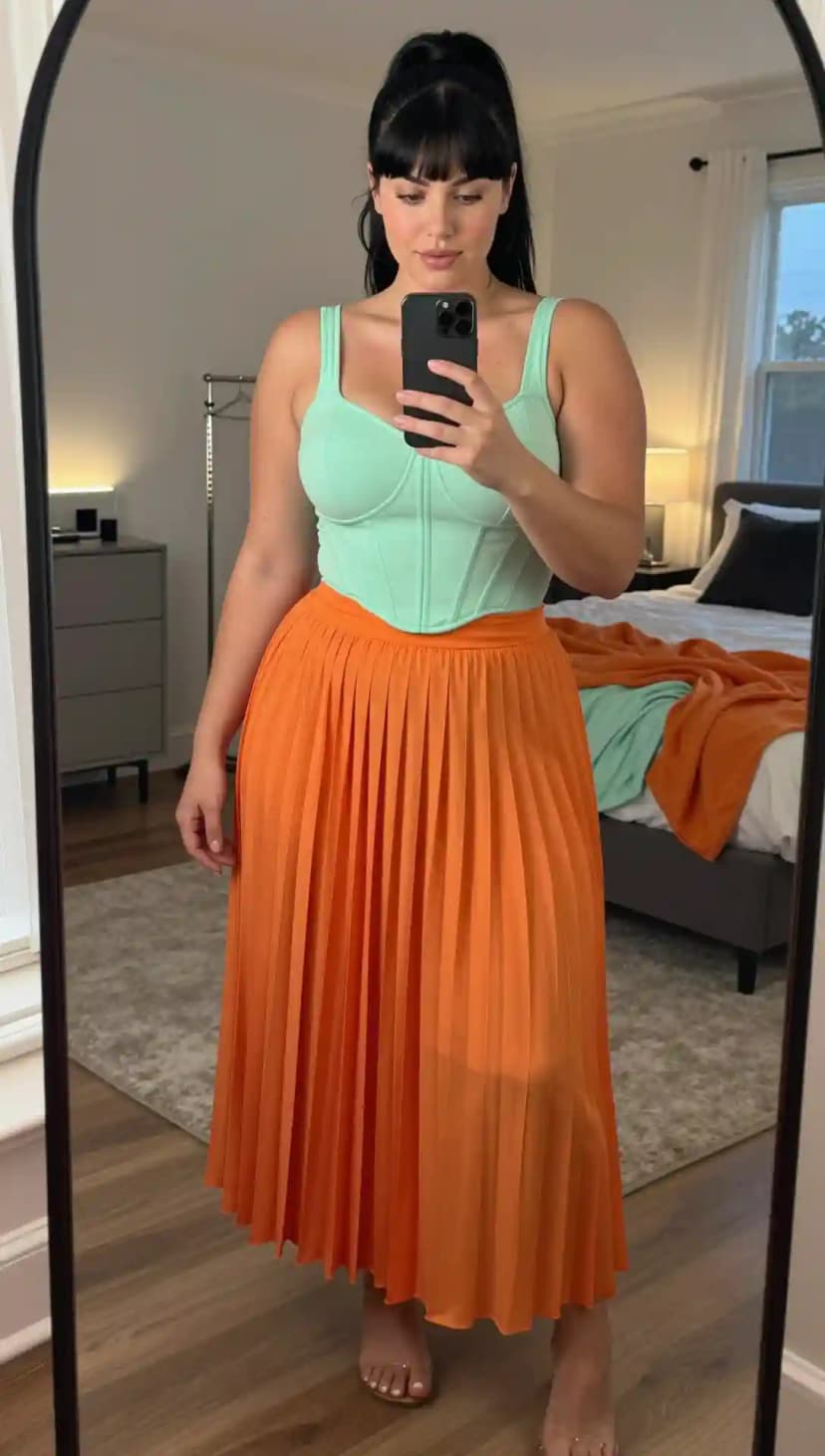 Mint Corset Top + Orange Pleated Midi Skirt
