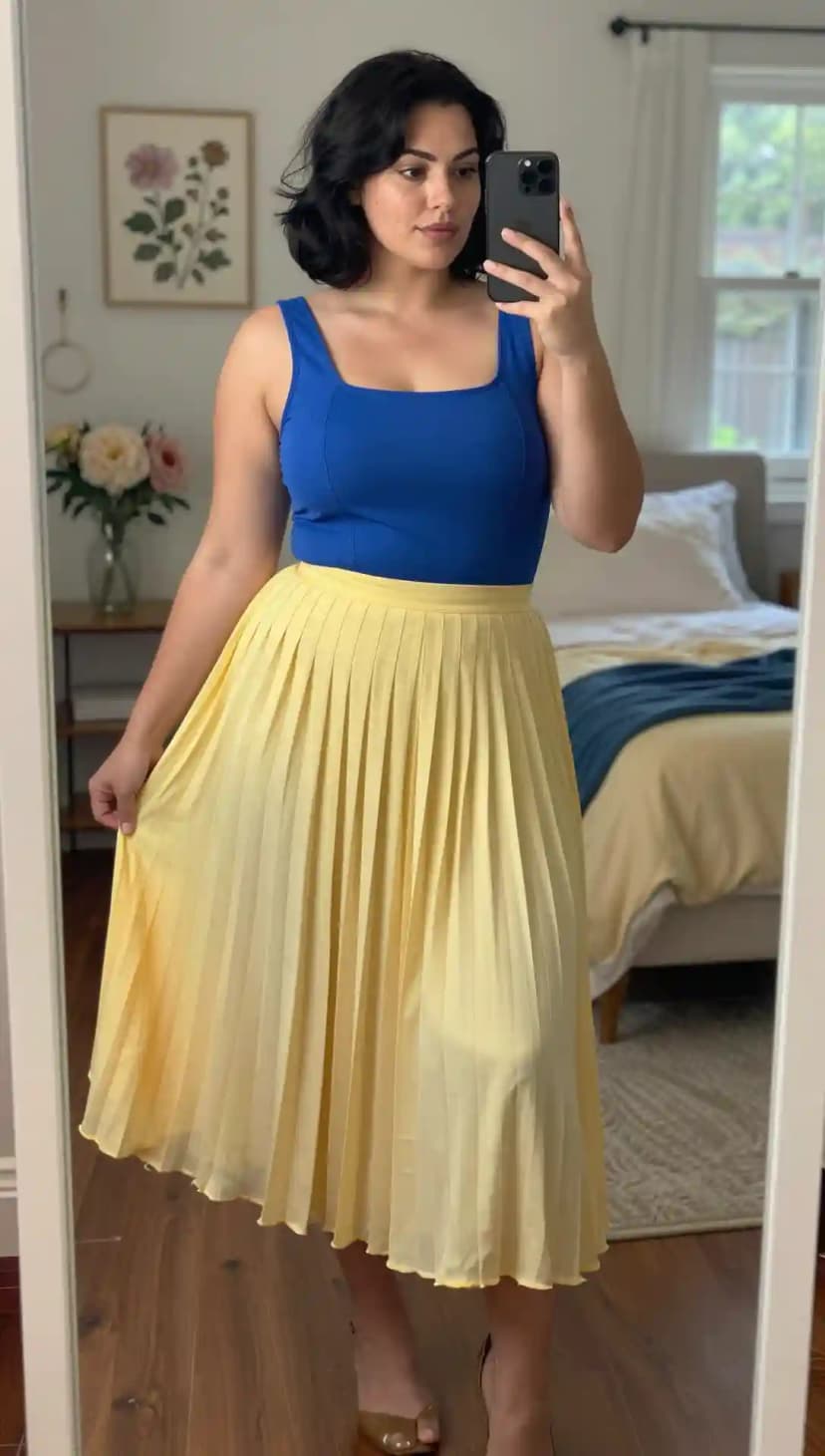 Royal Blue Square Neck Top + Yellow Pleated Midi Skirt
