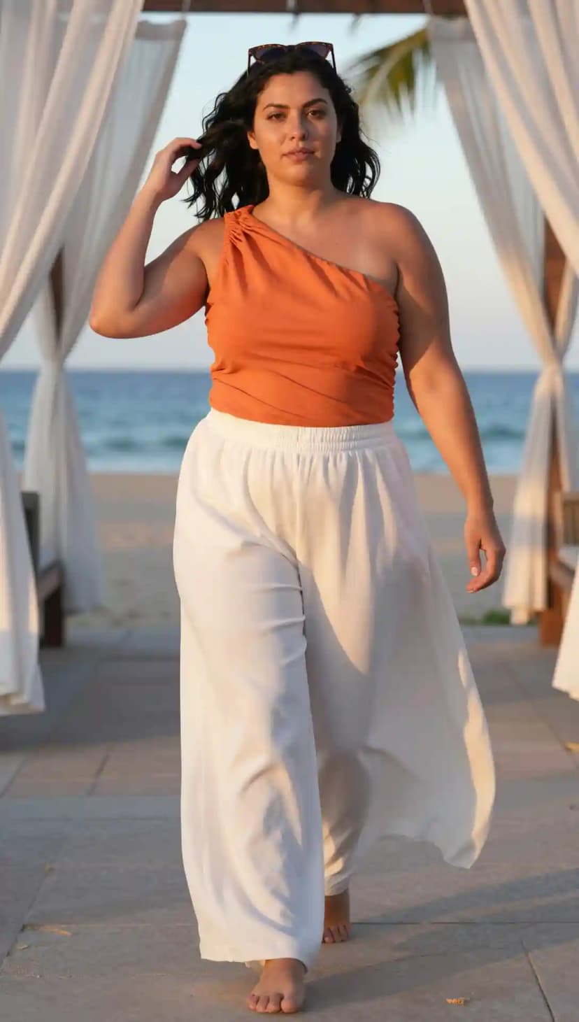 Orange One Shoulder Top + White Wide Leg Pants