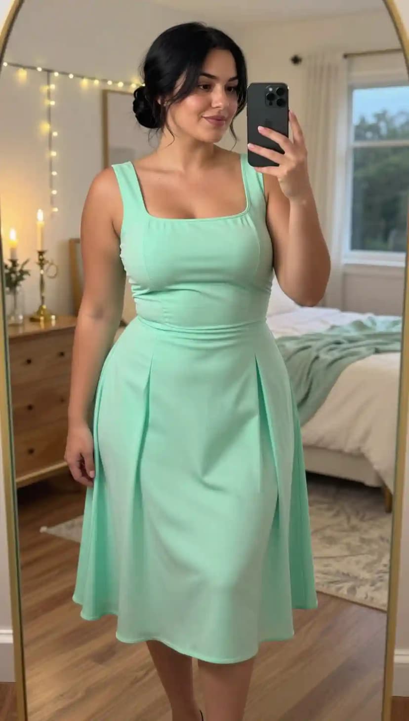 Mint Square Neck Fit and Flare Dress