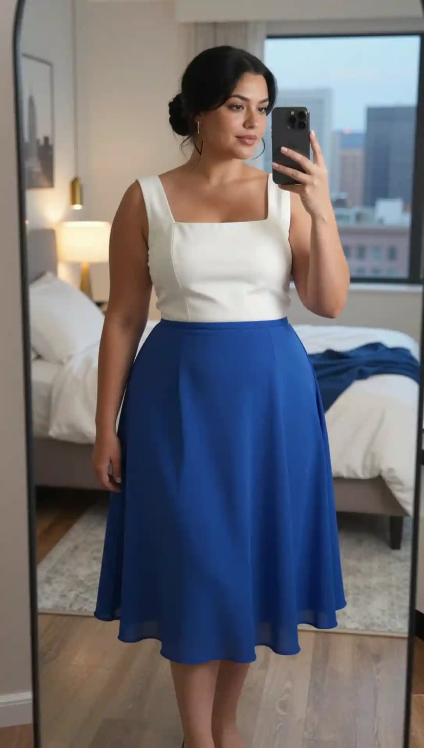 White Square Neck Top + Royal Blue A-line Skirt