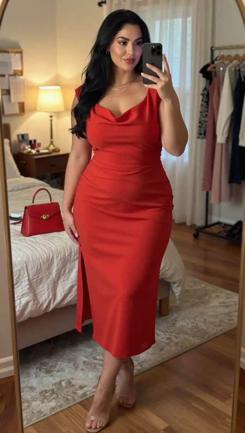 Red Cowl Neck Ruched Dress