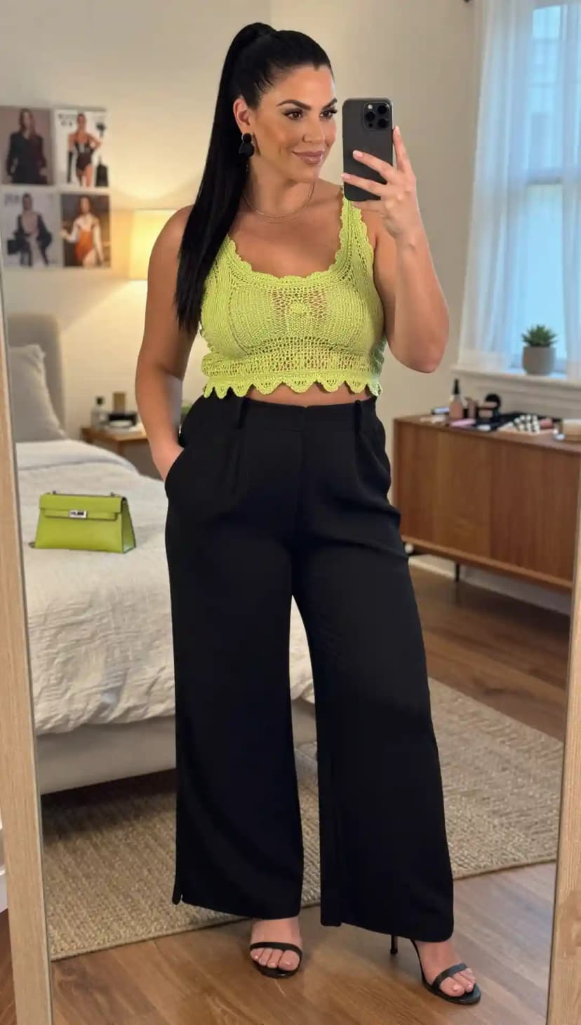 Lime Green Crochet Crop Top + Black Wide Leg Pants