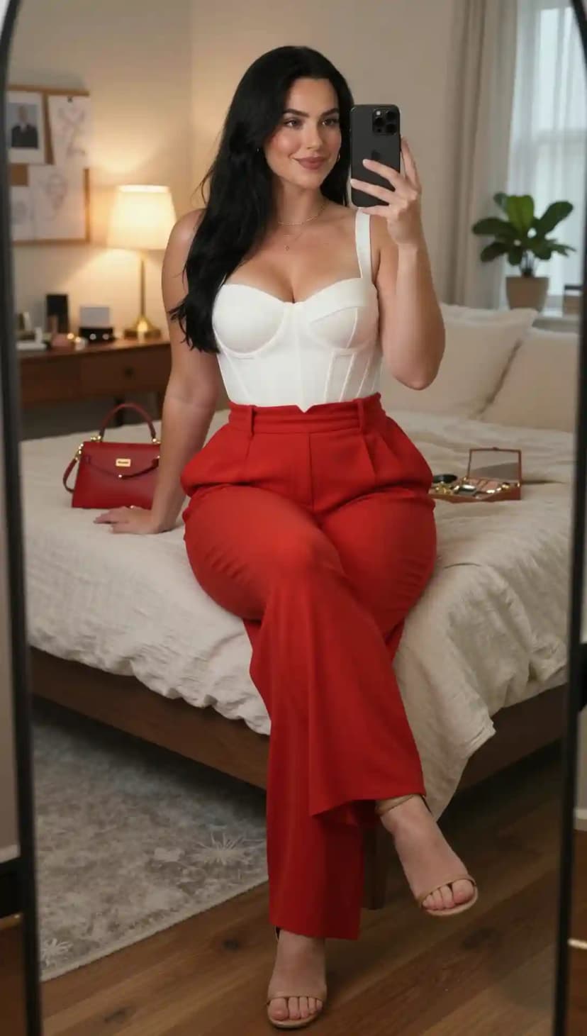 White Corset Top + Red Wide Leg Pants