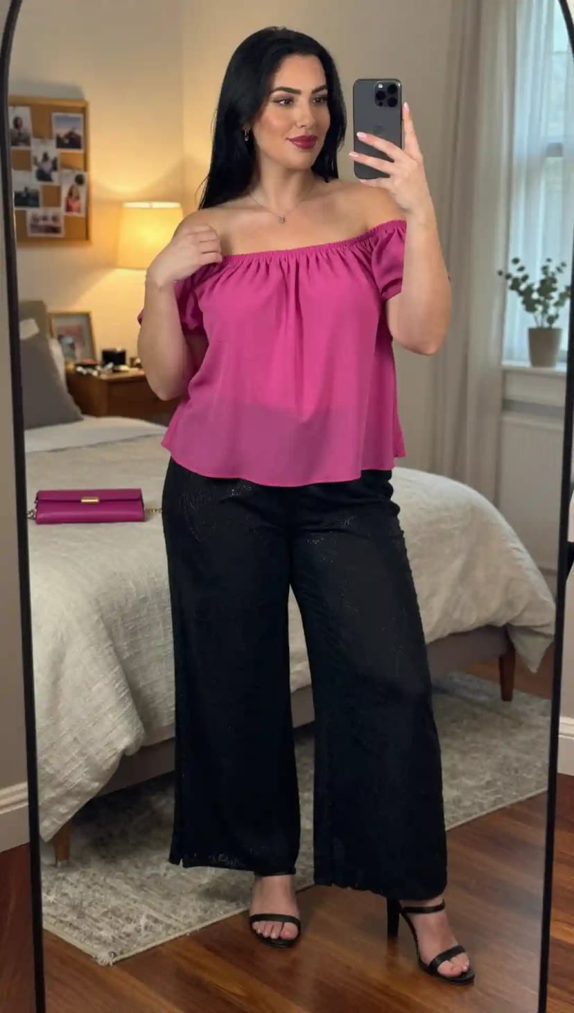Pink Off The Shoulder Top + Black Wide Leg Pants