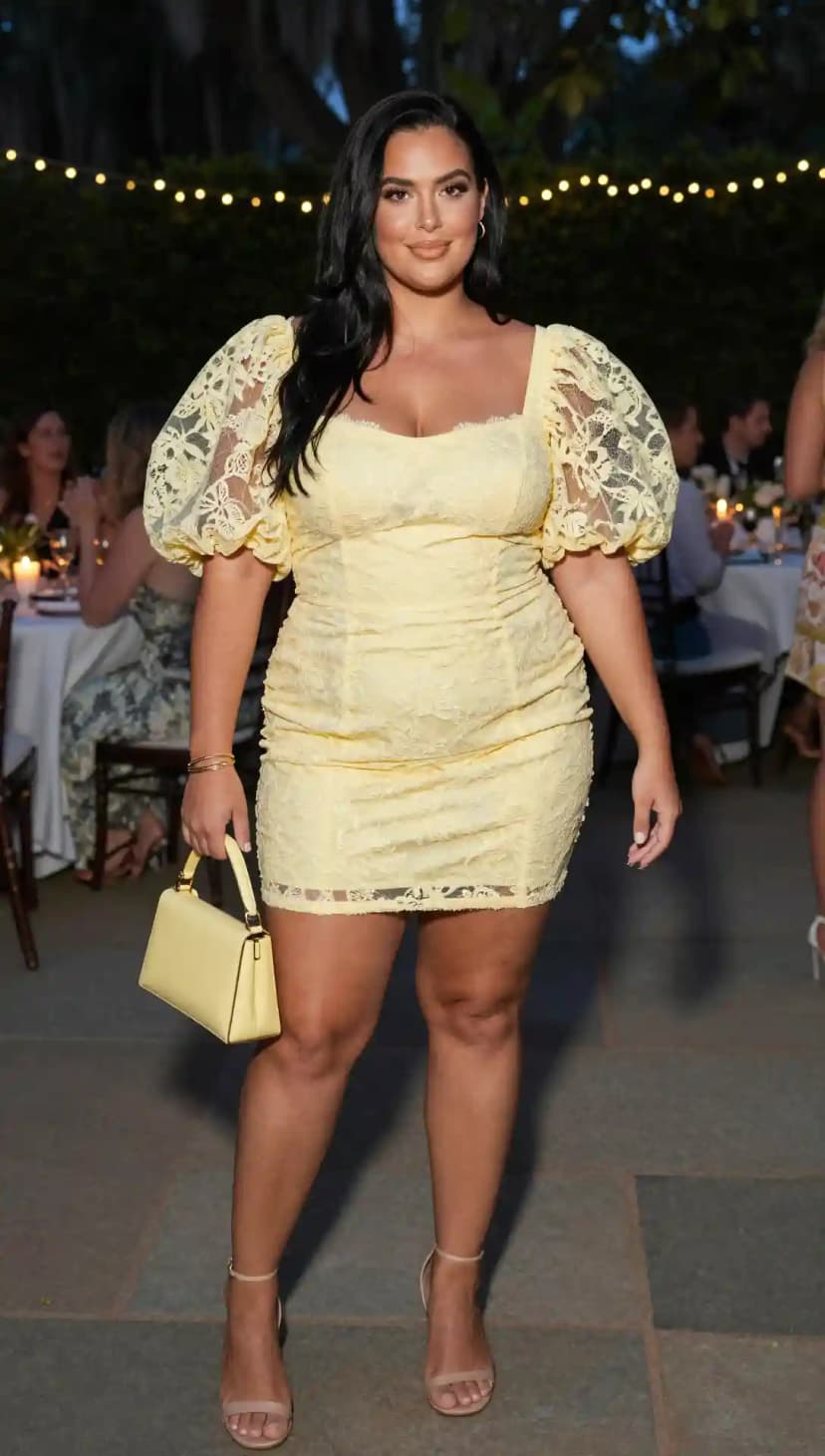 Yellow Lace Puff Sleeve Mini Dress