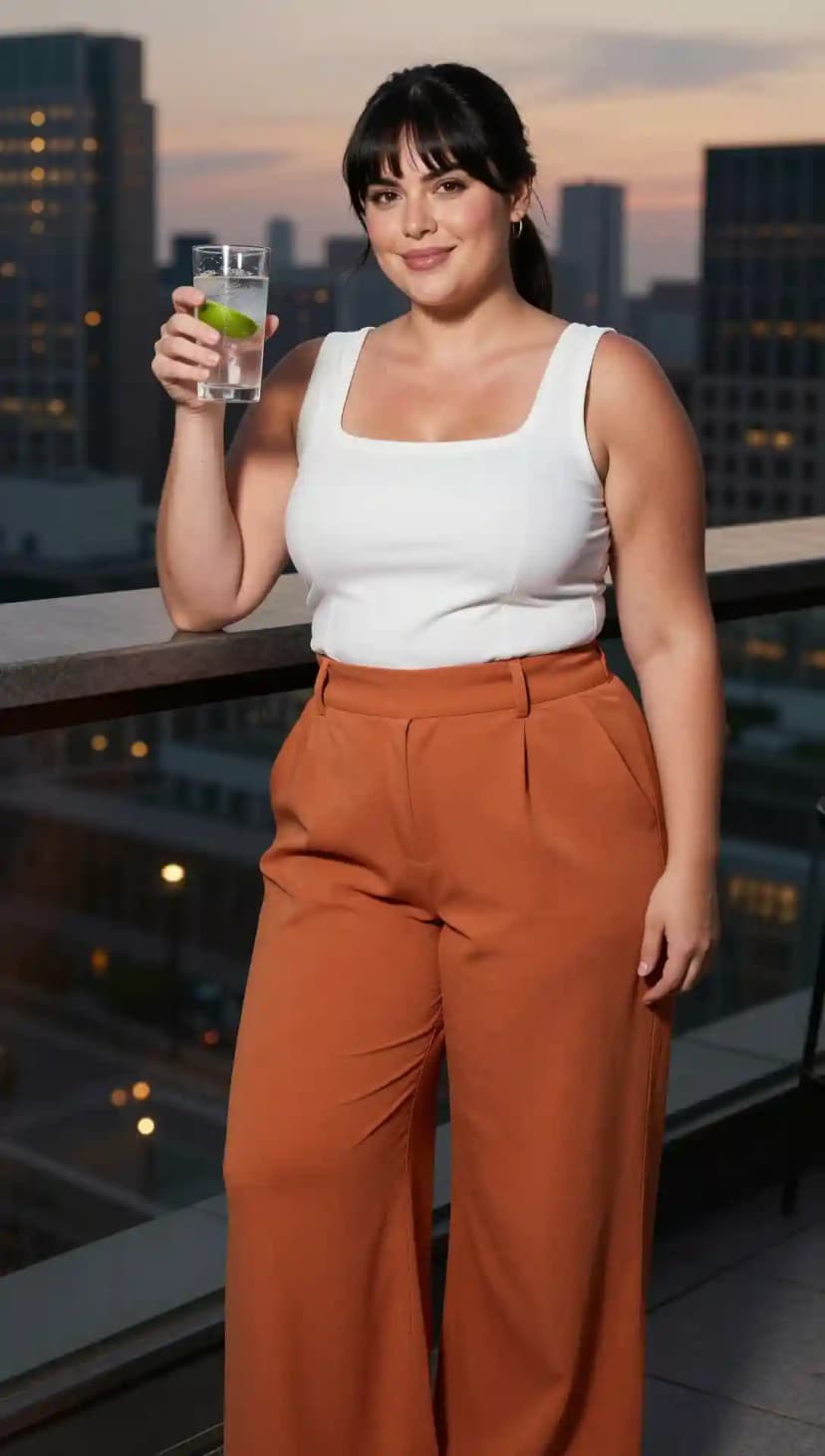 White Square Neck Tank Top + Burnt Orange Wide Leg Pants