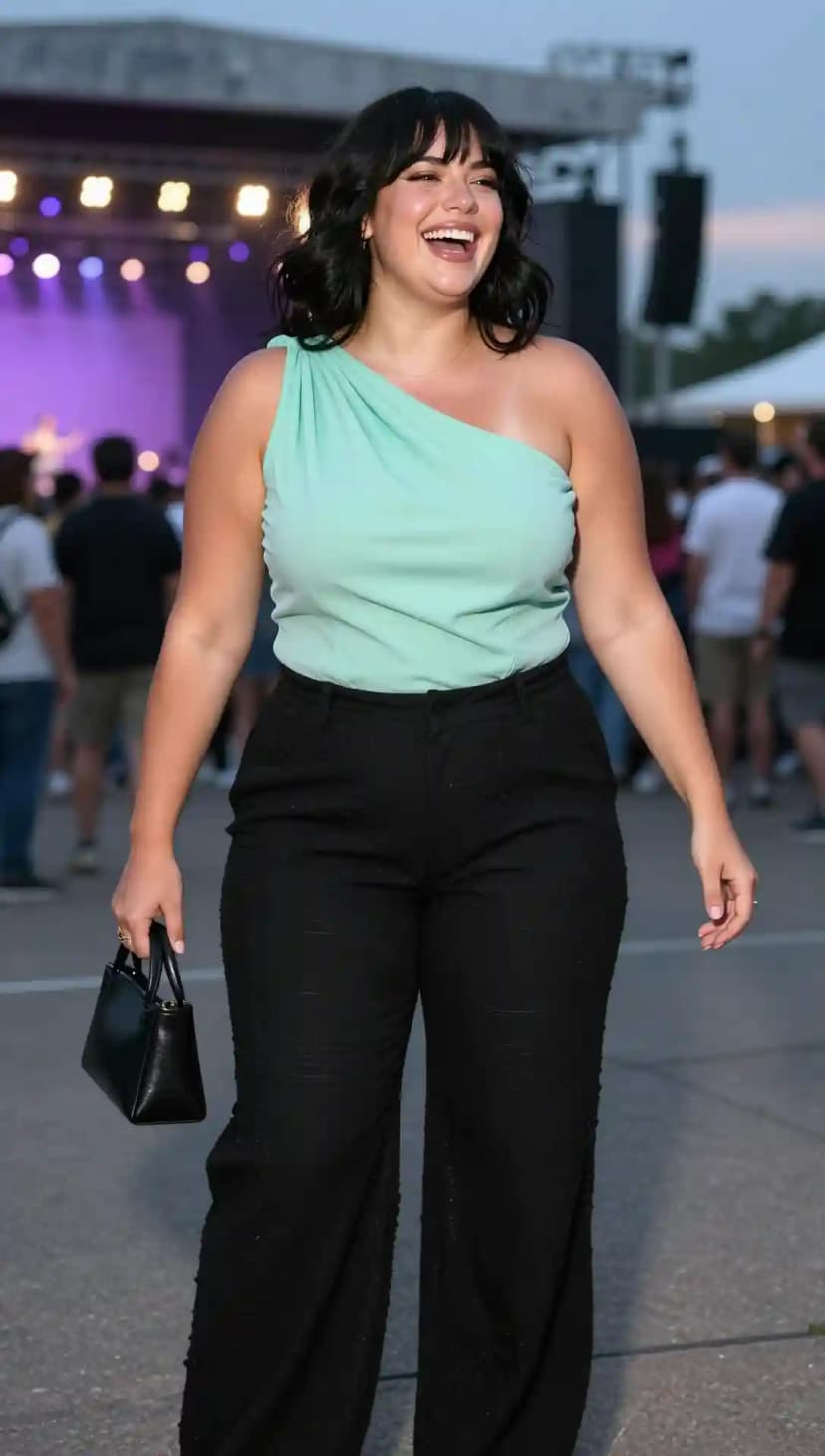Mint One Shoulder Top + Black Textured Wide Leg Pants