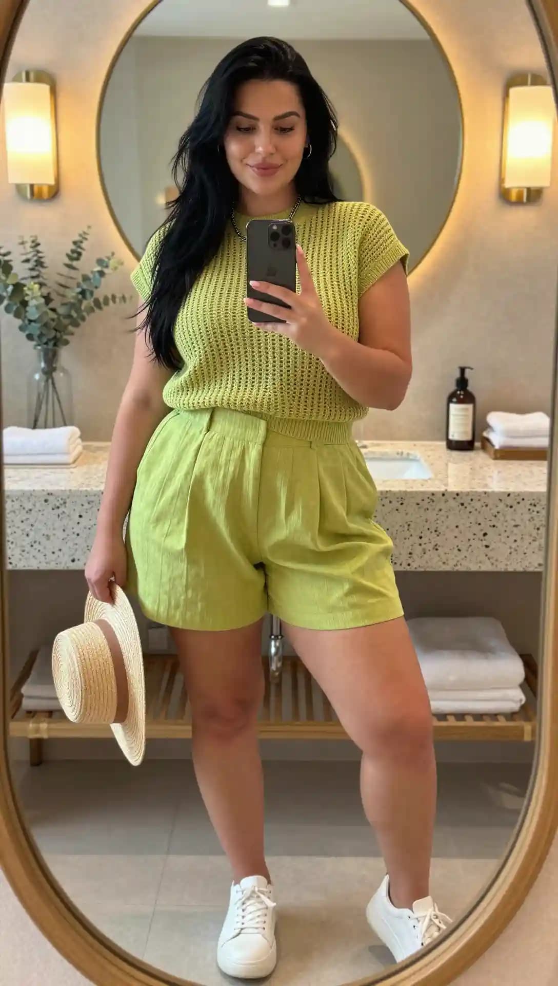 Lime Textured Knit Top + Lime Pleated Linen Shorts