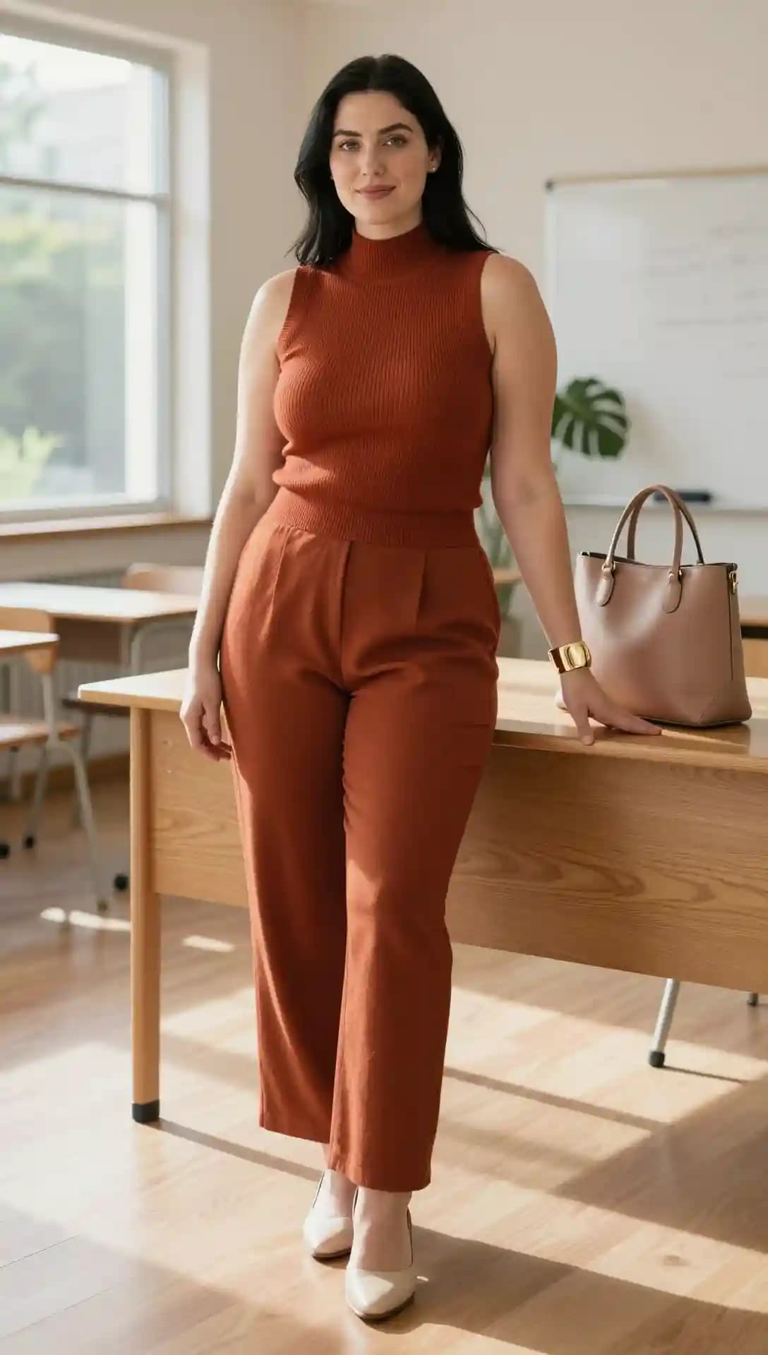 Ribbed Knit Sleeveless Mock Neck Top + Rust Wide-Leg Trousers + Nude Pointed-Toe Heels