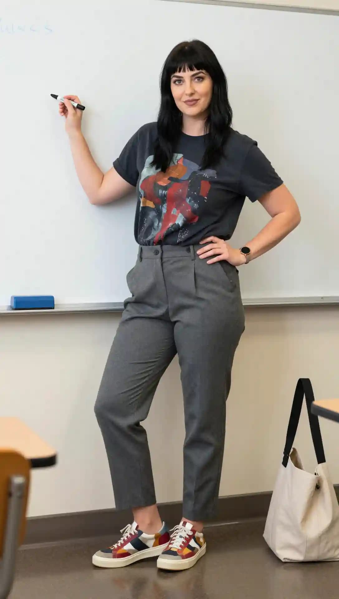 Graphic T-Shirt + Grey Pleated Trousers + Colorful Sneakers