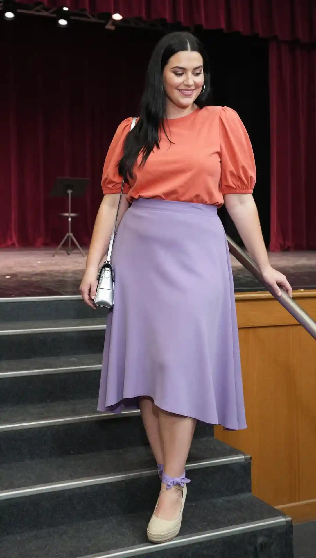 Orange Puff Sleeve Top + Lilac Midi Skirt + Espadrille Wedges