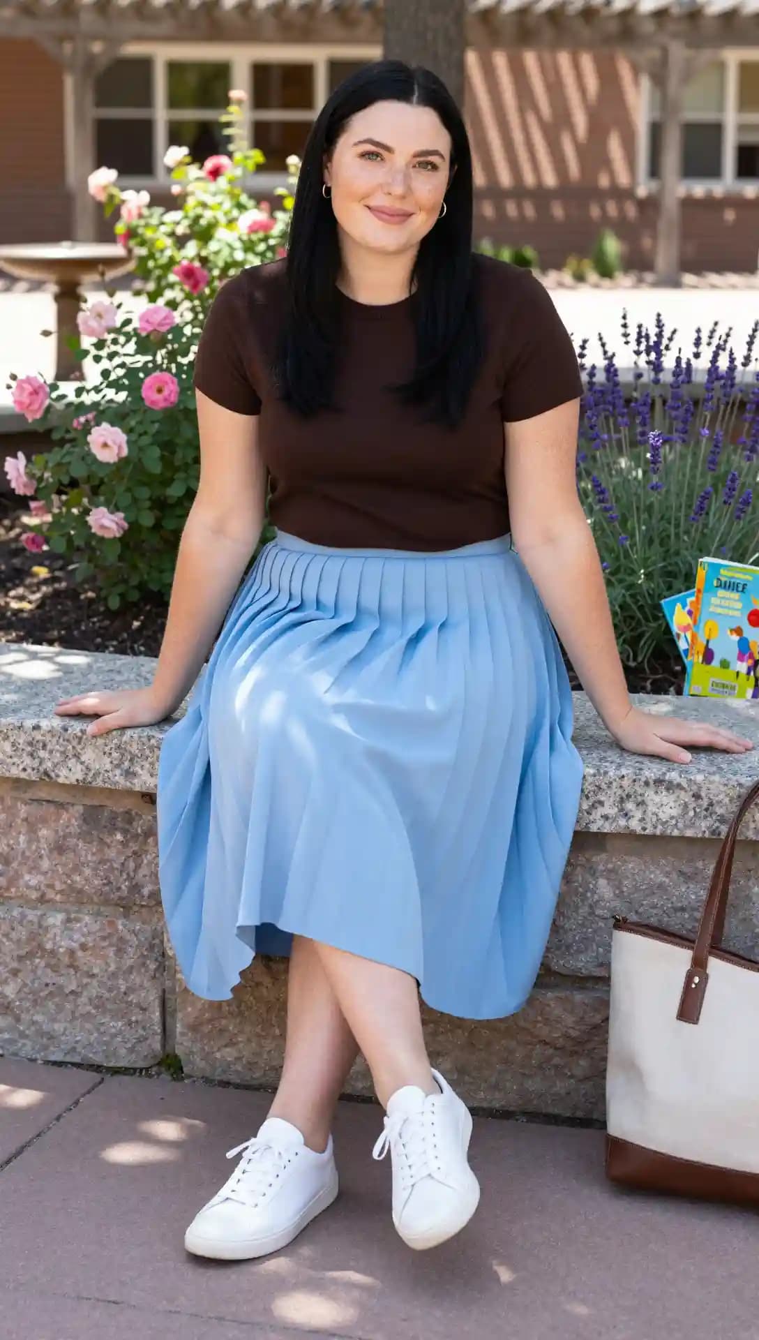 Brown Short-Sleeve Top + Light Blue Pleated Midi Skirt + White Sneakers