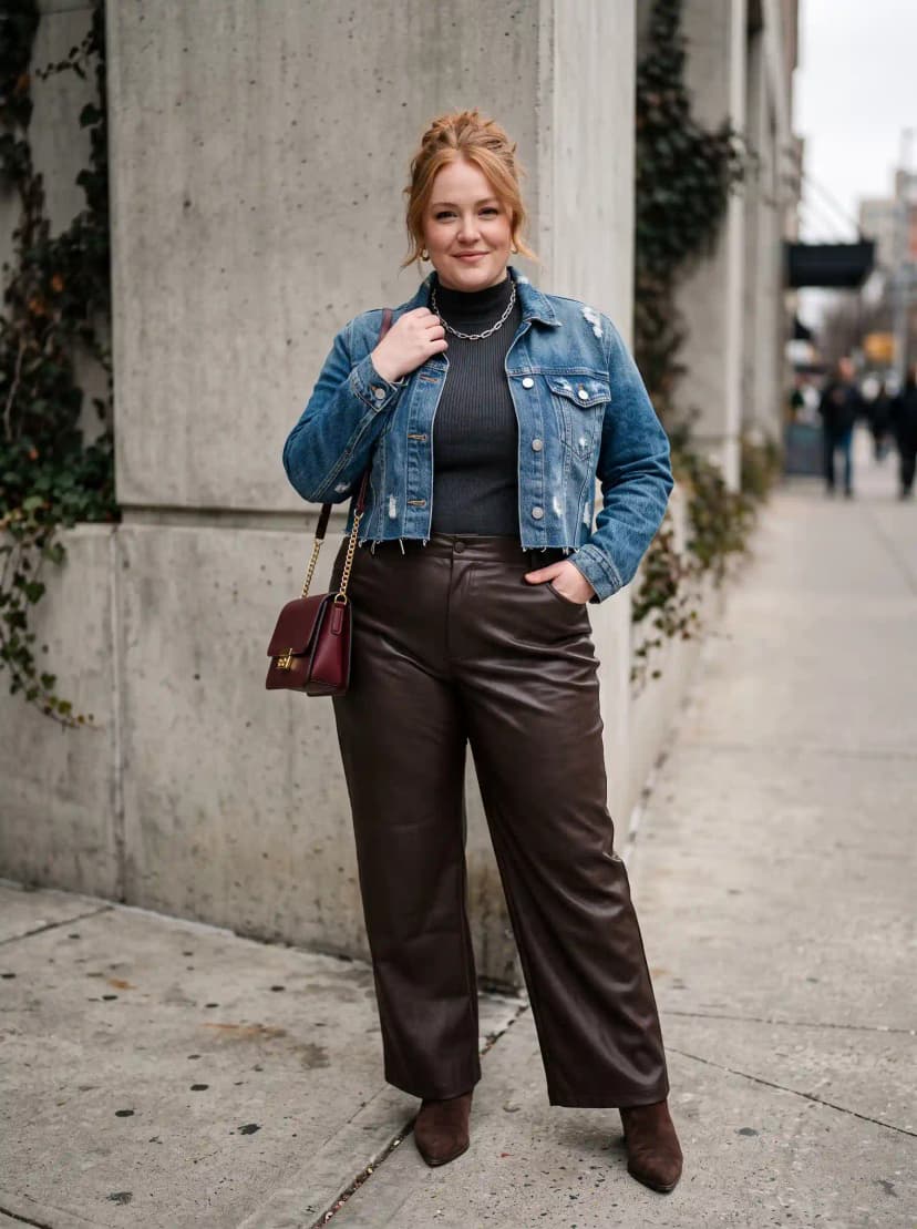 Dark Grey Ribbed Top + Distressed Denim Jacket + Brown Wide-Leg Pants