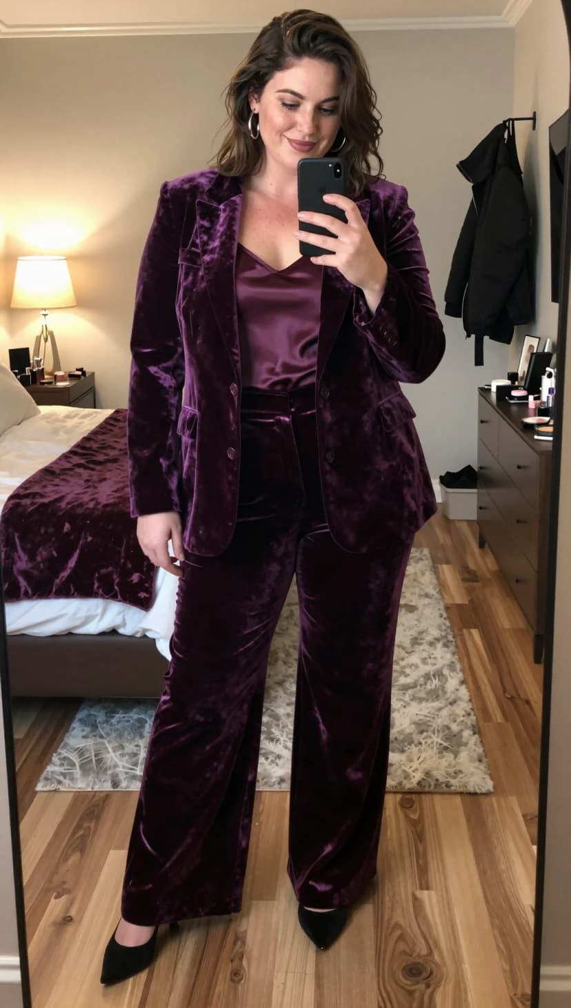 Purple velvet blazer with satin camisole and velvet trousers