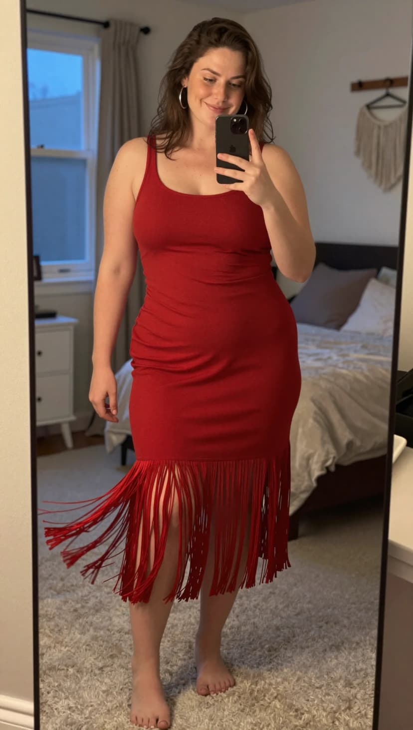 Red ribbed knit midi dress with silver hoop earrings
