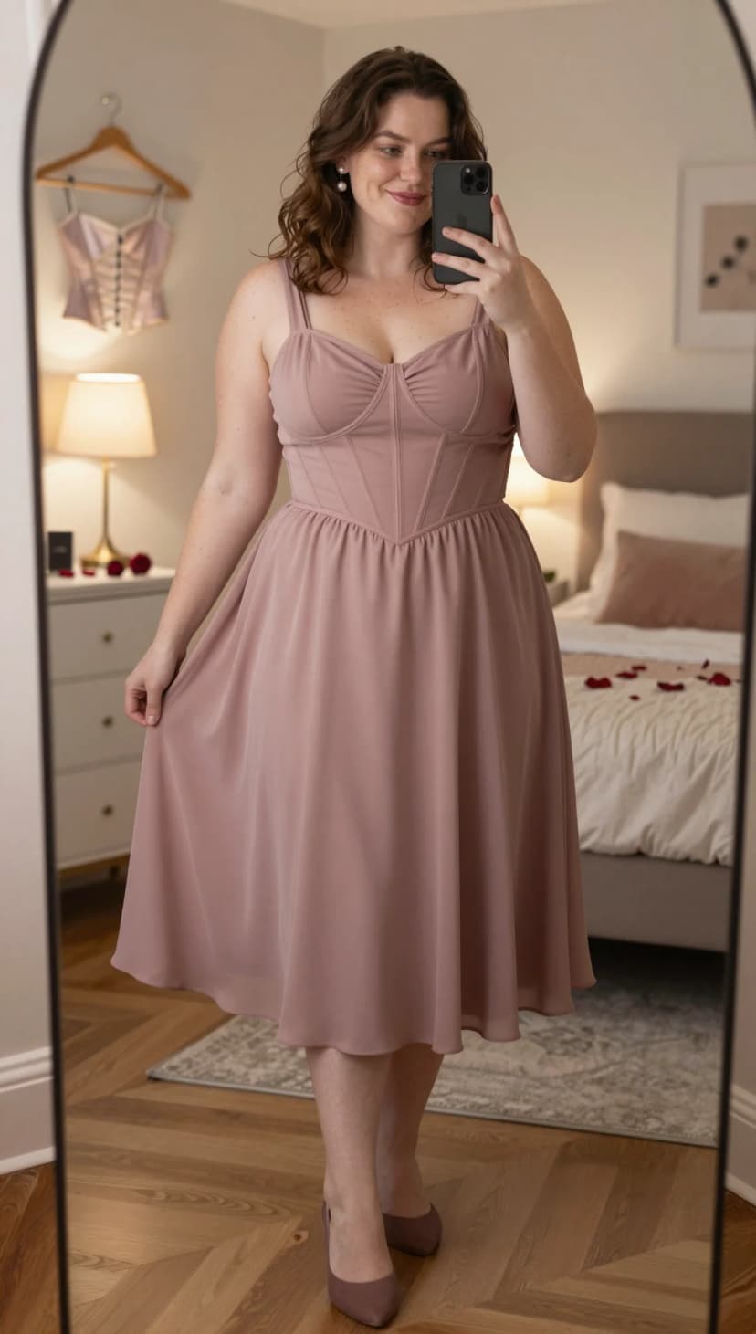 Rose chiffon corset dress with rose suede pumps