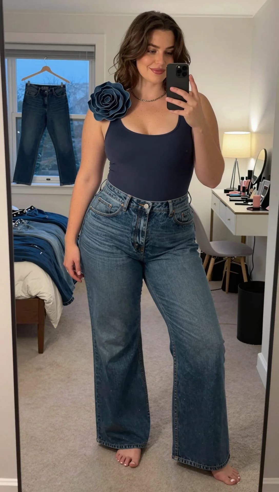 Navy scoop-neck bodysuit with wide-leg jeans and denim rose shoulder detail
