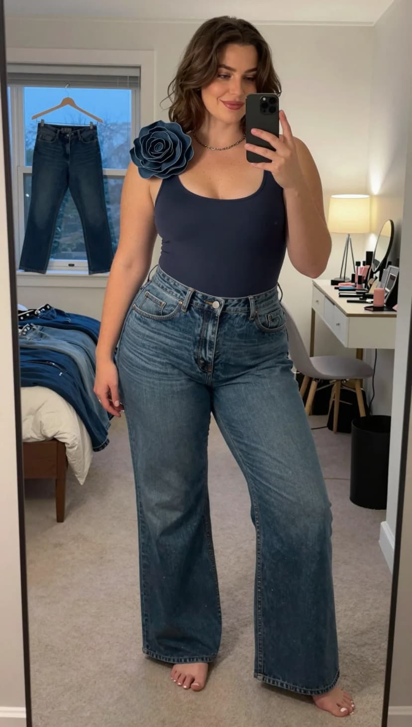 Navy scoop-neck bodysuit with wide-leg jeans and denim rose shoulder detail