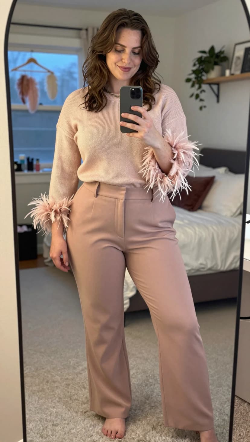 Pale pink feathered knit sweater with taupe wide-leg trousers
