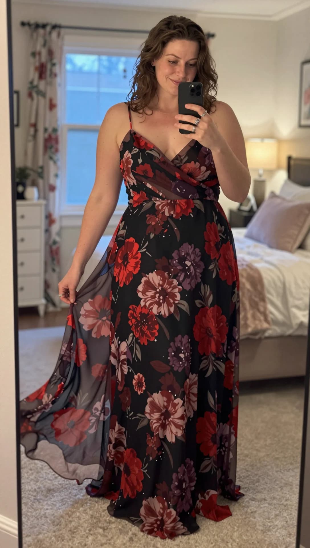 Black floral chiffon maxi dress
