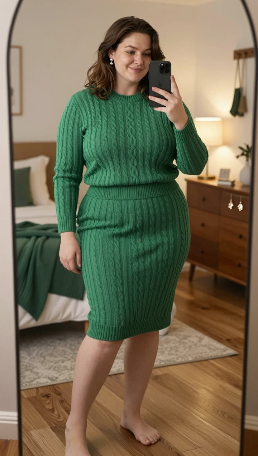 Emerald cable knit sweater with emerald cable knit pencil skirt