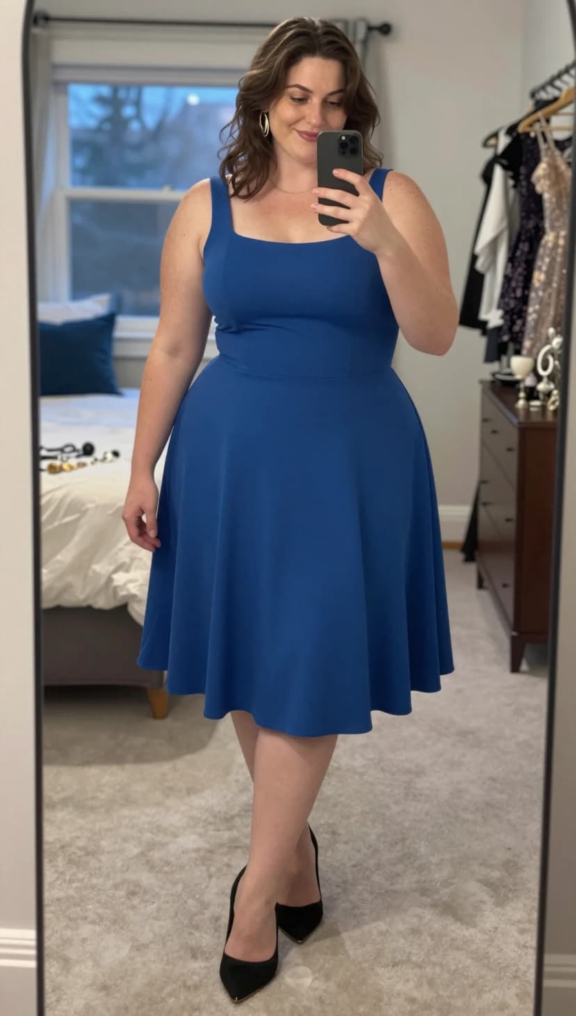 Royal blue fit-and-flare dress with black suede pointed-toe heels