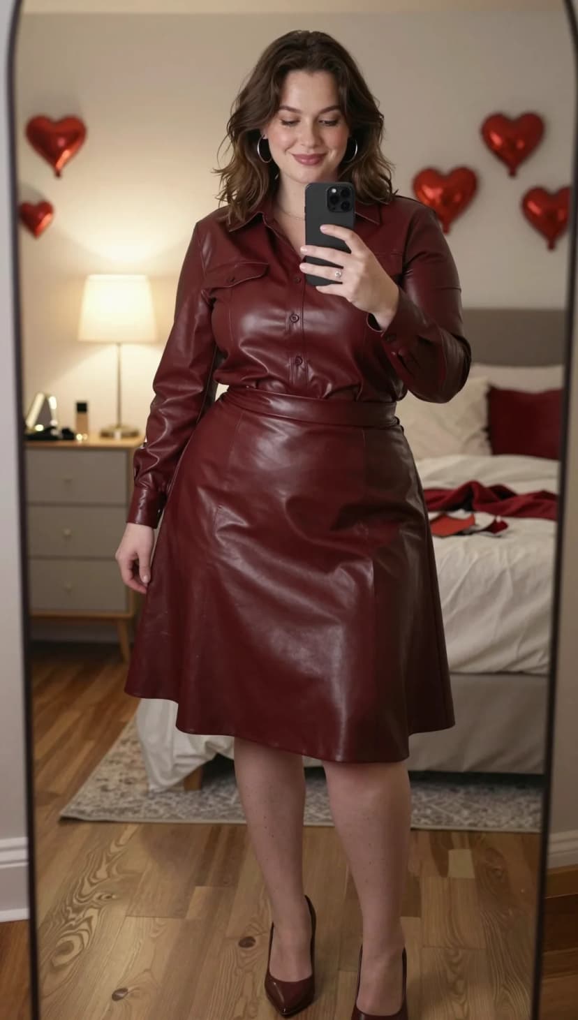 Burgundy faux leather shirt dress with matching pointed-toe heels
