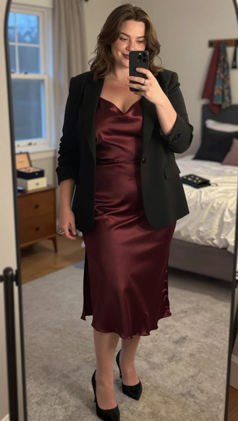 Burgundy satin slip dress with black wool blazer and black suede pumps