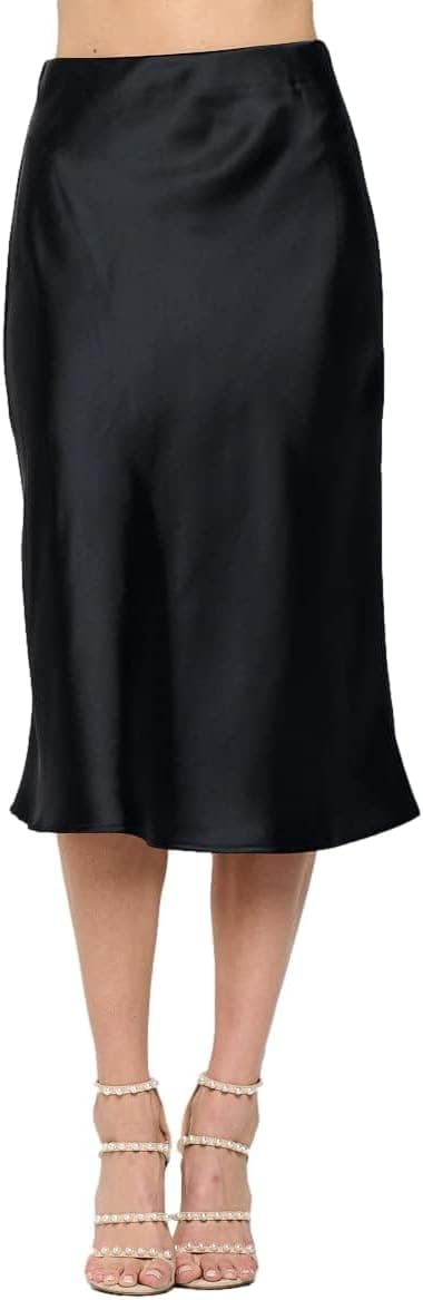 Black plus-size satin midi skirt — through 3X