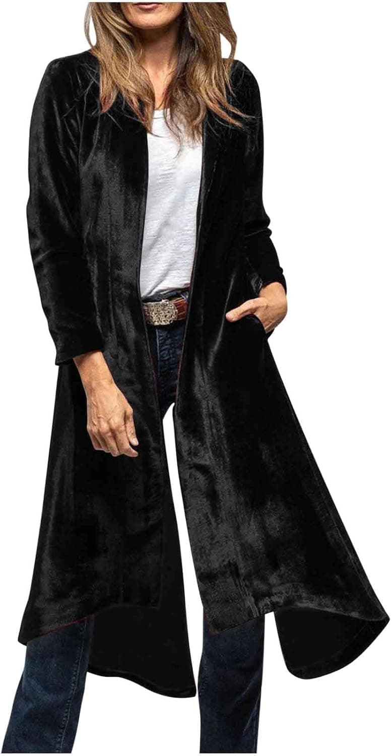 Black velvet open-front duster/cardigan β closest long-layer match, up to XXL