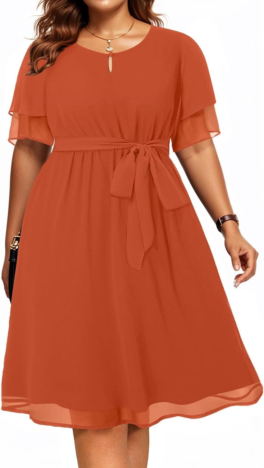 Burnt-orange plus-size cocktail midi dress β sizes 14β26 Plus; closest rust color, not an exact pleated cut