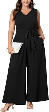 Black sleeveless V-neck wide-leg jumpsuit — closest self-tie wrap match, plus sizes 2X–4X