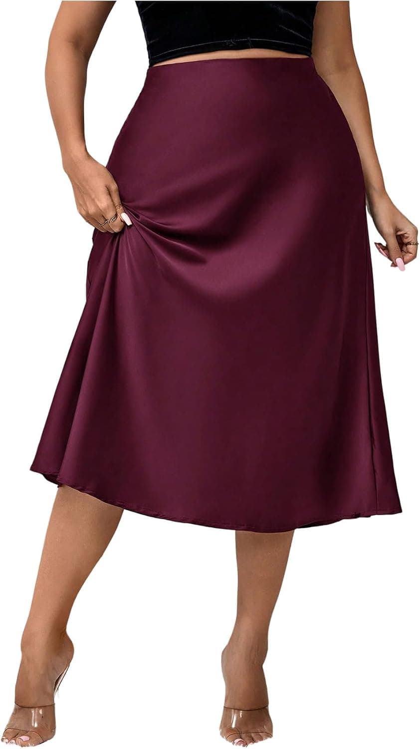 Burgundy plus-size satin midi skirt alternative β sizes Large Plusβ4XL Plus; A-line and low-review listing