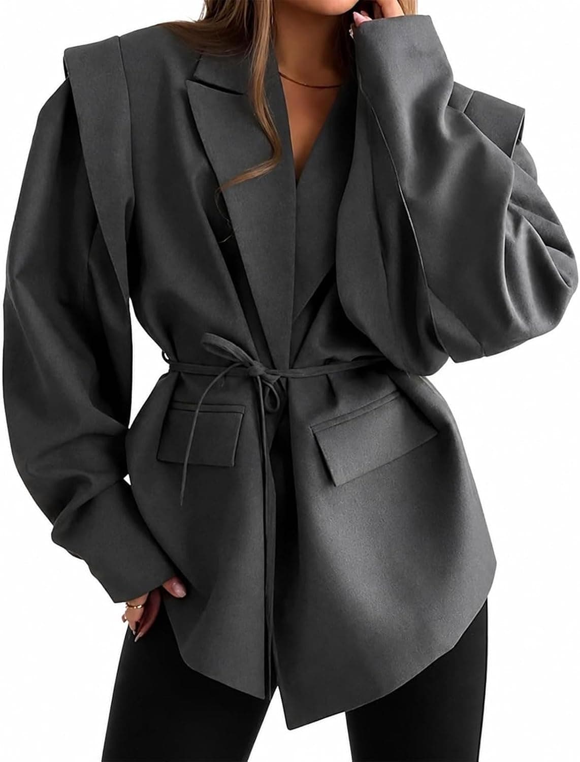 Gray plus-size cape-shoulder blazer β size range through 3XL, closest tailored cape layer